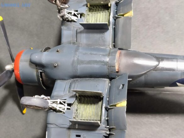 XF4U-3B Corsair turbocharger installation scratch built on Tamiya 1/48 Corsair model showing exhaust ducting and turbo housing