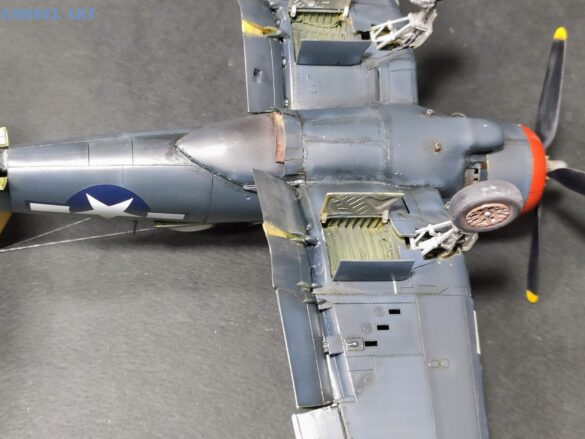 XF4U-3B Corsair turbocharger installation scratch built on Tamiya 1/48 Corsair model showing exhaust ducting and turbo housing