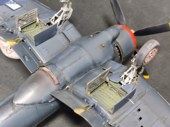 XF4U-3B Corsair turbocharger installation scratch built on Tamiya 1/48 Corsair model showing exhaust ducting and turbo housing