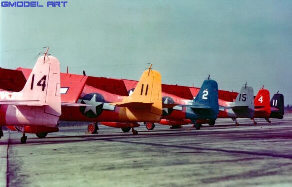 F6F-5K Hellcat drone painted in yellow orange high visibility colors during early testing phase