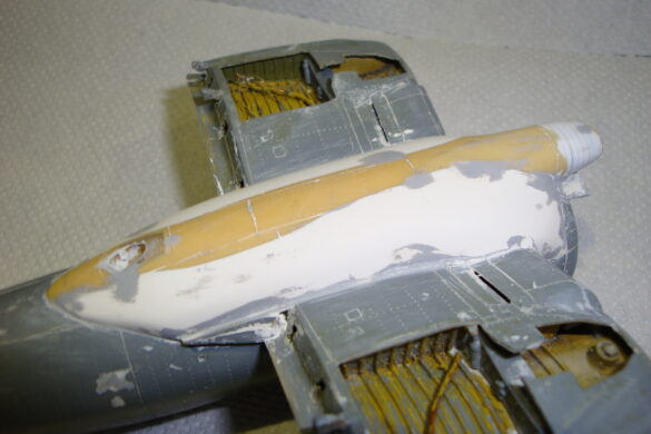 XF4U-3B Corsair turbocharger installation scratch built on Tamiya 1/48 Corsair model showing exhaust ducting and turbo housing