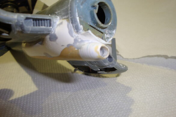 XF4U-3B Corsair turbocharger installation scratch built on Tamiya 1/48 Corsair model showing exhaust ducting and turbo housing