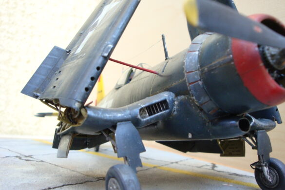 XF4U-3B Corsair turbocharger installation scratch built on Tamiya 1/48 Corsair model showing exhaust ducting and turbo housing