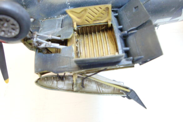 XF4U-3B Corsair turbocharger installation scratch built on Tamiya 1/48 Corsair model showing exhaust ducting and turbo housing