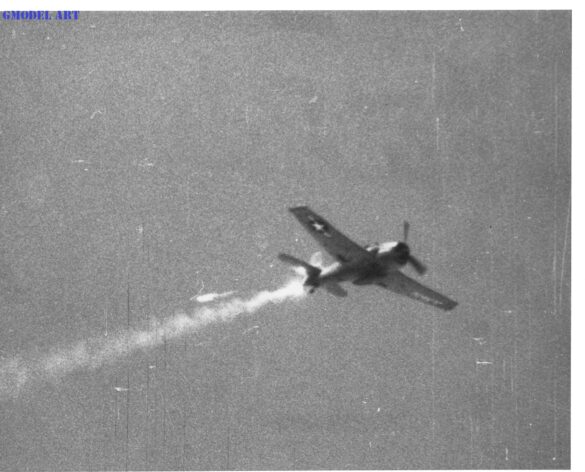 F6F-5K Hellcat drone painted in bright red high visibility scheme used as target aircraft by the US Navy