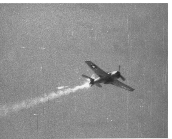 F6F-5K Hellcat drone painted in bright red high visibility scheme used as target aircraft by the US Navy