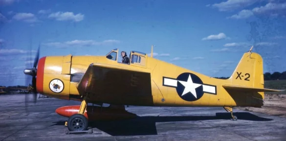 F6F-3K Hellcat drone painted in yellow orange high visibility colors during early testing phase