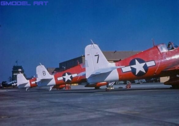 F6F-5K Hellcat drone painted in yellow orange high visibility colors during early testing phase