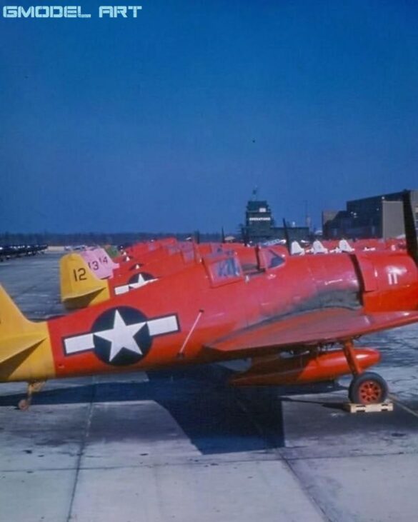 F6F-5K Hellcat drone painted in yellow orange high visibility colors during early testing phase