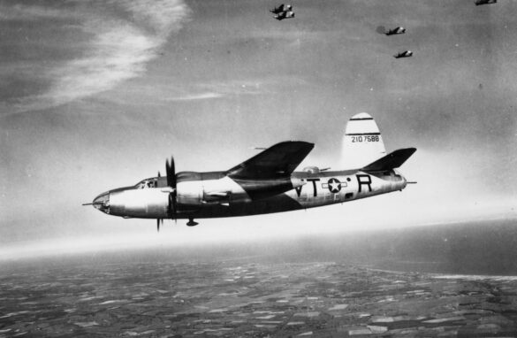 B-26 Marauder WWII bomber olive drab neutral gray camouflage in flight medium bomber USAAF