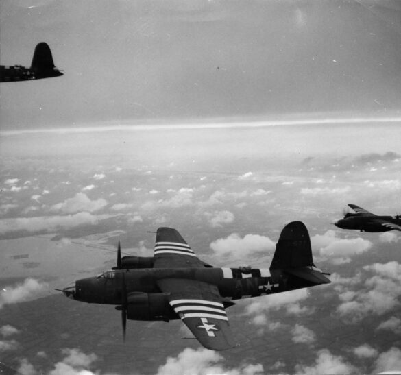 B-26 Marauder WWII bomber olive drab neutral gray camouflage in flight medium bomber USAAF
