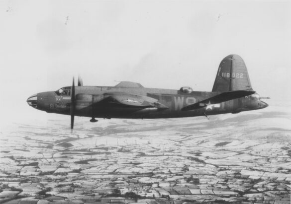 B-26 Marauder WWII bomber olive drab neutral gray camouflage in flight medium bomber USAAF