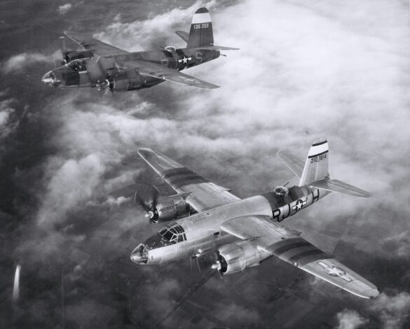 B-26 Marauder WWII bomber olive drab neutral gray camouflage in flight medium bomber USAAF