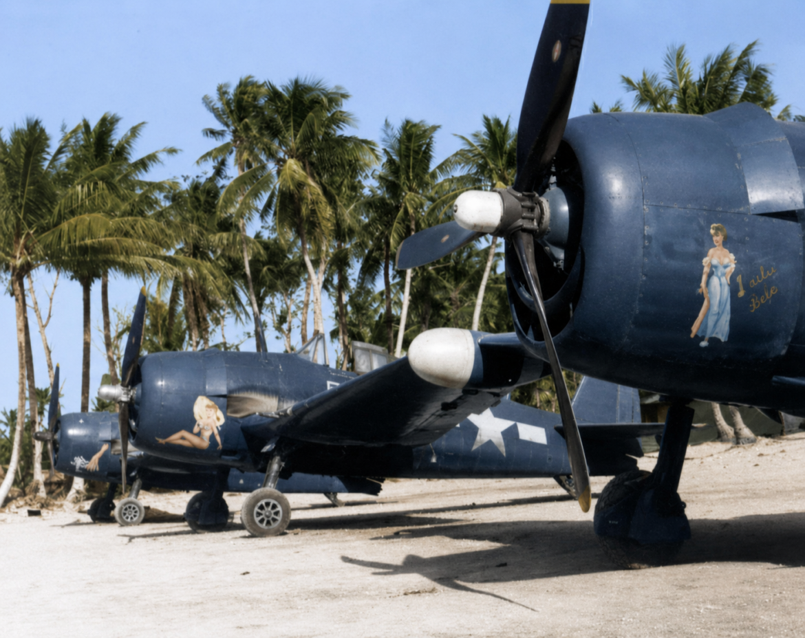 Grumman F6F-5N Hellcat Night Fighter equipped with AN/APS-6 radar intercepting Japanese aircraft during a night combat mission over the Pacific in World War II