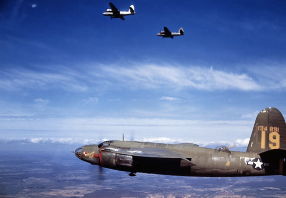 B-26 Marauder WWII bomber olive drab neutral gray camouflage in flight medium bomber USAAF