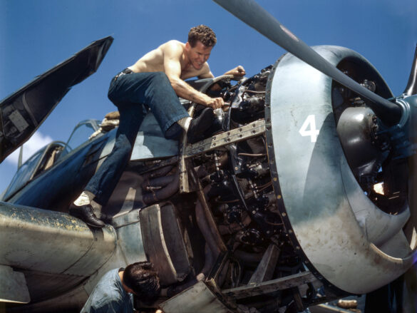 Grumman F6F 5 Hellcat VF 16 White 4 undergoing engine checks CV 16 USS Lexington 1944 01