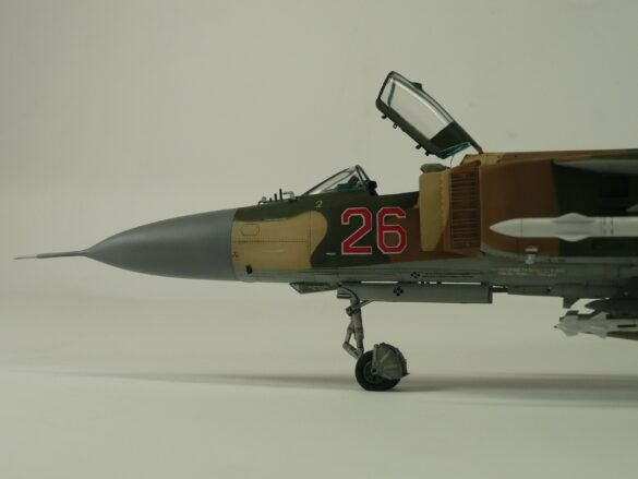 MiG-23ML Red 26 Scale Model Build Guide – Painting, Weathering and Camouflage Techniques MiG-23ML model during camouflage painting process with preshading