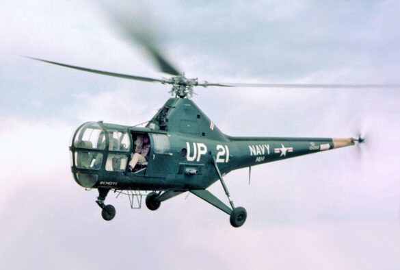 Sikorsky HO3S 1 of HU 1 takes off from USS New Jersey BB 62 off Korea on 14 April 1953 cropped