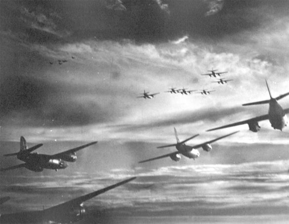 B-26 Marauder WWII bomber olive drab neutral gray camouflage in flight medium bomber USAAF