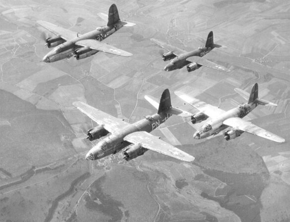 B-26 Marauder WWII bomber olive drab neutral gray camouflage in flight medium bomber USAAF