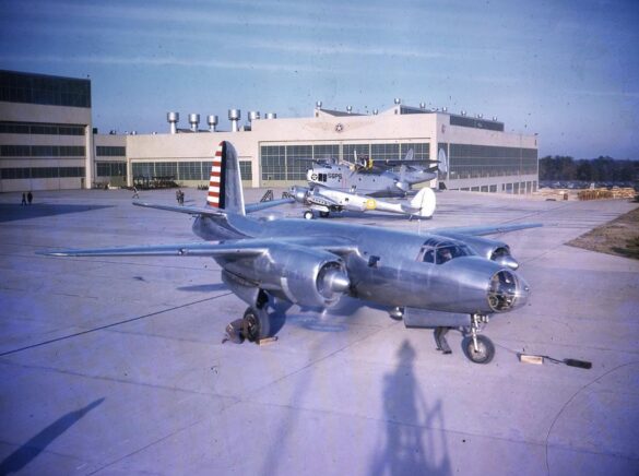 B-26 Marauder WWII bomber olive drab neutral gray camouflage in flight medium bomber USAAF
