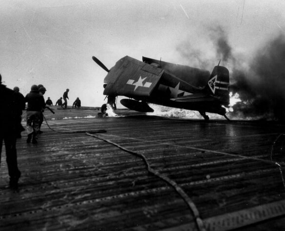 f6f 5n hellcat of night fighting squadron vfn 90 burns furiously on the flight deck of the carrier enterprise cv 6 18493041208 o 1