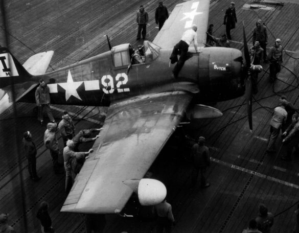f6f 5n hellcat ofvmf 511 entangled in the wires of the barricade following recovery on board the escort carrier block island cve 106 operating off okinawa on may 19 1945 18654472786 o