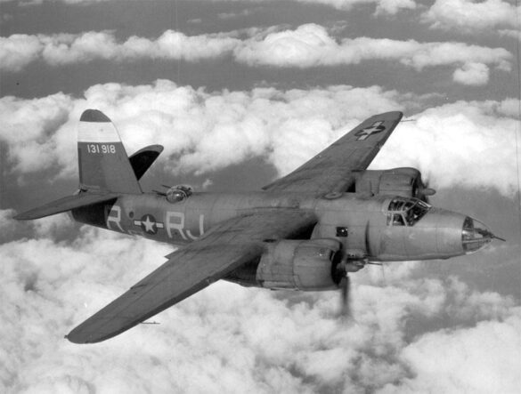 B-26 Marauder WWII bomber olive drab neutral gray camouflage in flight medium bomber USAAF