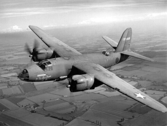 B-26 Marauder WWII bomber olive drab neutral gray camouflage in flight medium bomber USAAF
