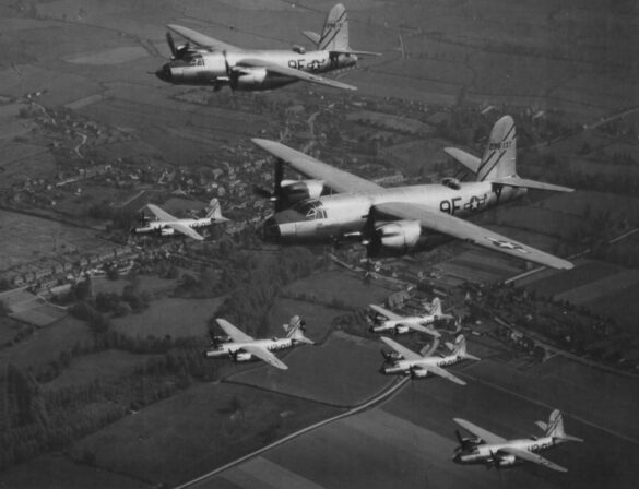 B-26 Marauder WWII bomber olive drab neutral gray camouflage in flight medium bomber USAAF