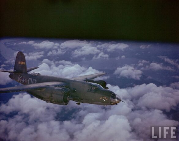 B-26 Marauder WWII bomber olive drab neutral gray camouflage in flight medium bomber USAAF