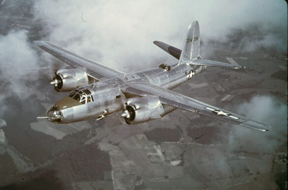 B-26 Marauder WWII bomber olive drab neutral gray camouflage in flight medium bomber USAAF