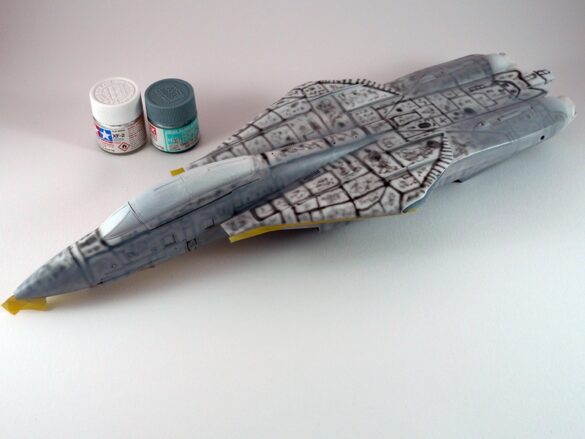 F-14A Tomcat VF-84 Jolly Rogers build 1/48 Scale model aircraft preshading technique on F-14A Tomcat using black base layer