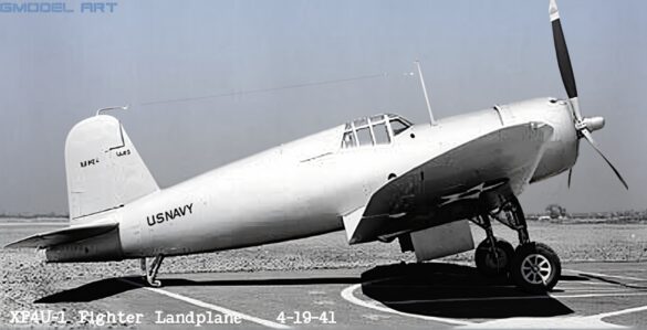 XF4U-1 Corsair prototype during NACA aerodynamic evaluation showing inverted gull wing geometry