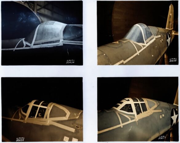 Comparison between birdcage Corsair canopy and Goodyear tear-drop canopy prototype