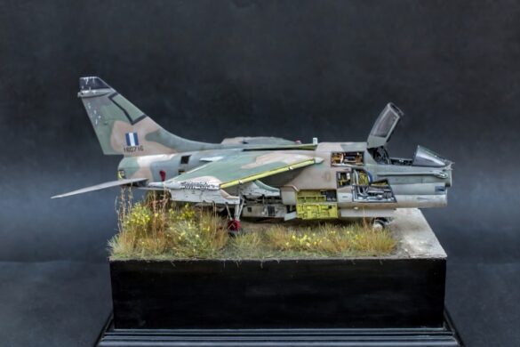 Hasegawa 1/48 A-7E Corsair II model representing the abandoned HAF aircraft at Araxos Air Base.
