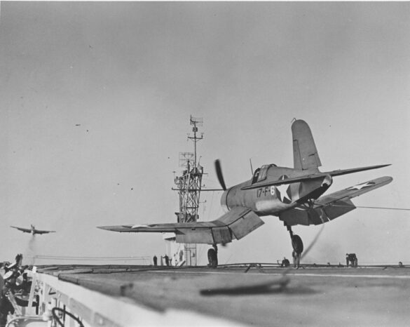VF-17 F4U-1 Birdcage Corsair showing the transition from Blue Gray to U.S. Navy Tricolor camouflage
