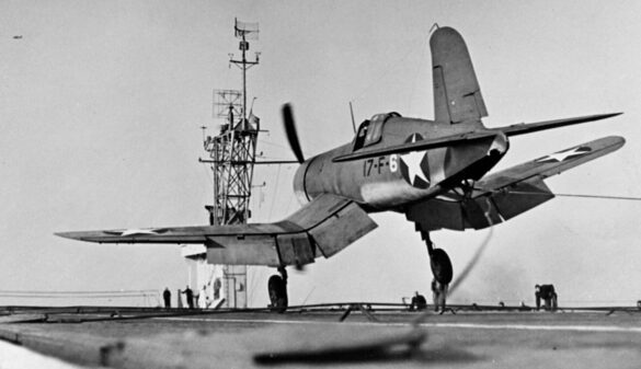 VF-17 F4U-1 Birdcage Corsair showing the transition from Blue Gray to U.S. Navy Tricolor camouflage