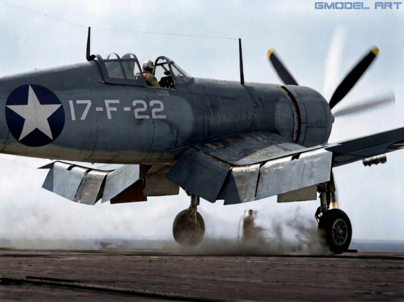 VF-17 F4U-1 Birdcage Corsair 17-F-22 retaining the early one-piece engine cowling