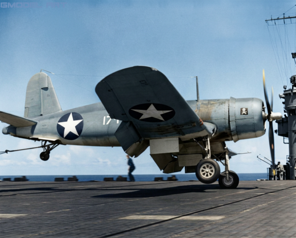 Line of VF-17 F4U-1 Birdcage Corsair fighters displaying different camouflage and production variations