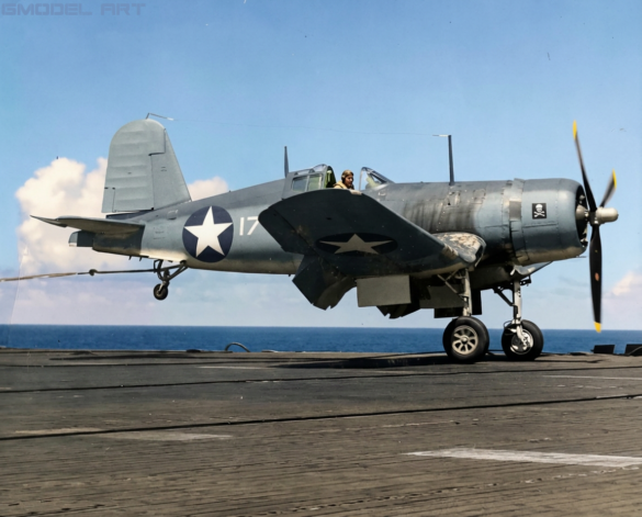 Line of VF-17 F4U-1 Birdcage Corsair fighters displaying different camouflage and production variations