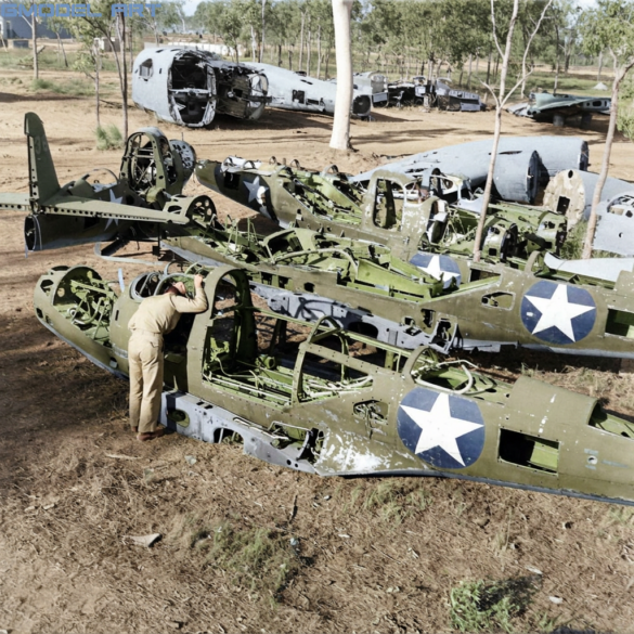 WWII Allied aircraft stripped for spare parts at a Pacific airfield