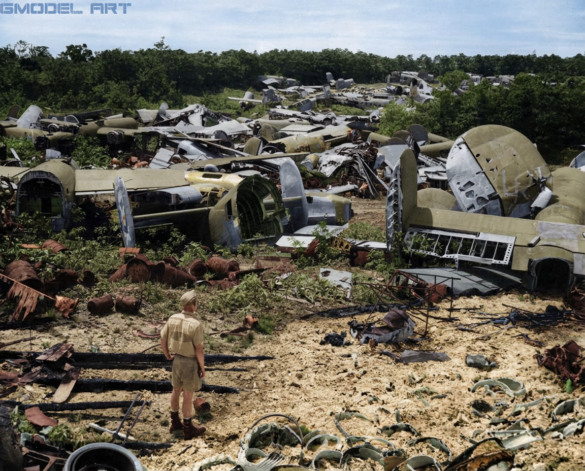 WWII Allied aircraft stripped for spare parts at a Pacific airfield