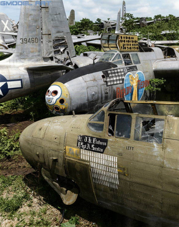 WWII Allied aircraft stripped for spare parts at a Pacific airfield