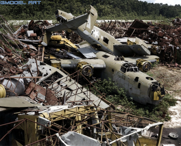 WWII Allied aircraft stripped for spare parts at a Pacific airfield