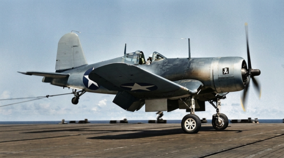 Line of VF-17 F4U-1 Birdcage Corsair fighters displaying different camouflage and production variations