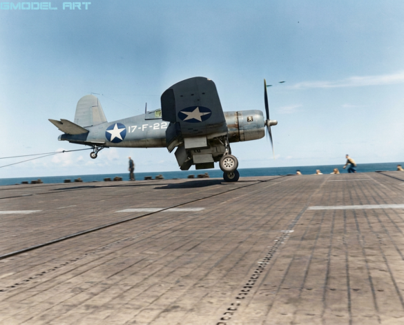 Line of VF-17 F4U-1 Birdcage Corsair fighters displaying different camouflage and production variations