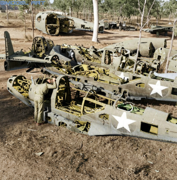 WWII Allied aircraft stripped for spare parts at a Pacific airfield