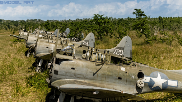 WWII Allied aircraft stripped for spare parts at a Pacific airfield