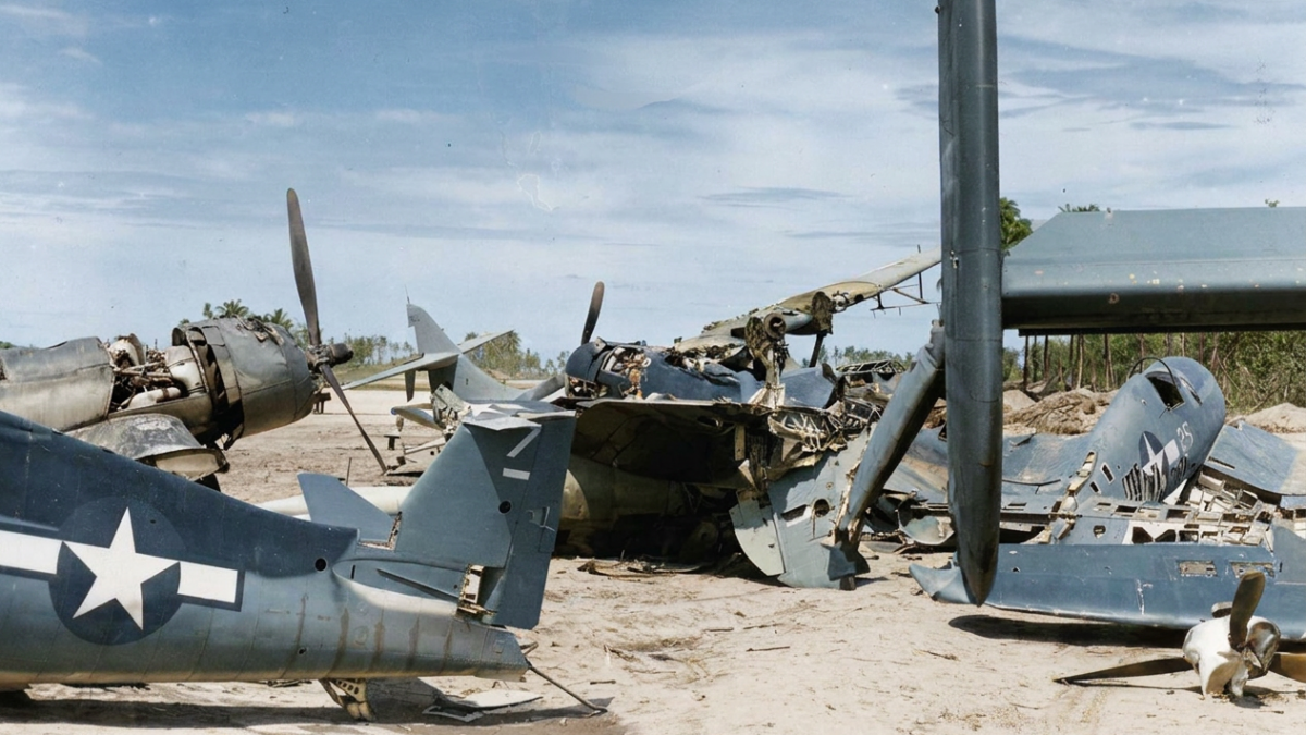 Abandoned F4U Corsair at a Pacific Island airfield after World War II